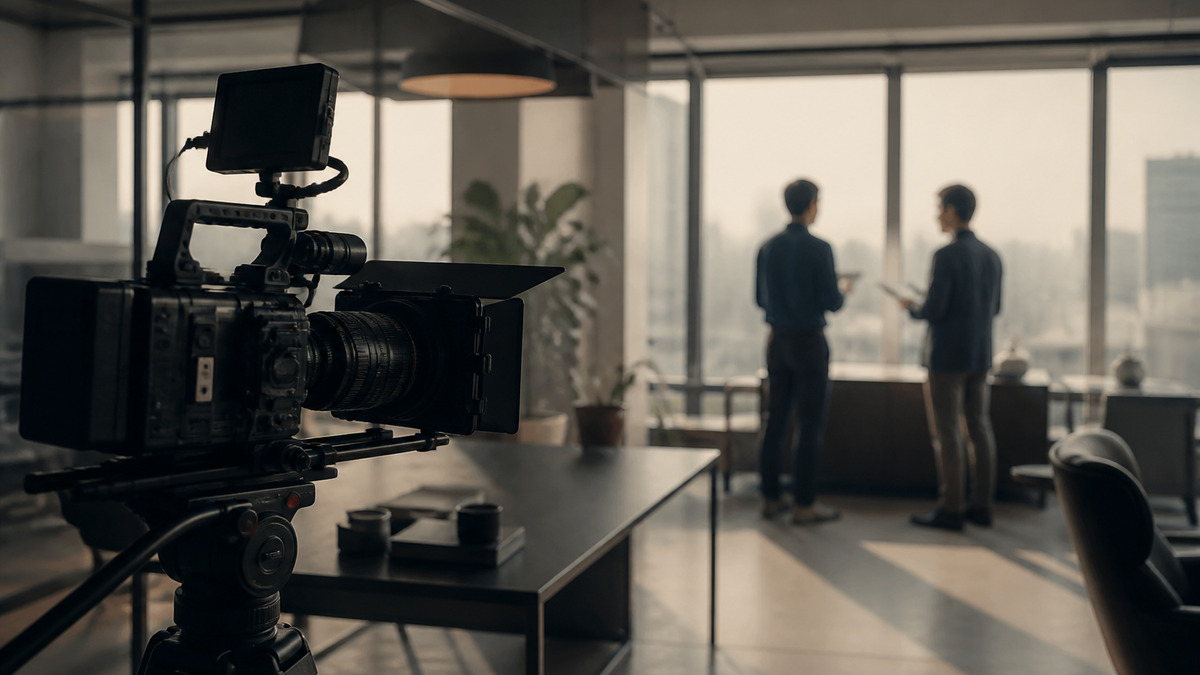 オフィスでの企業PR動画の撮影風景。三脚に据えたシネマカメラと打ち合わせをする人