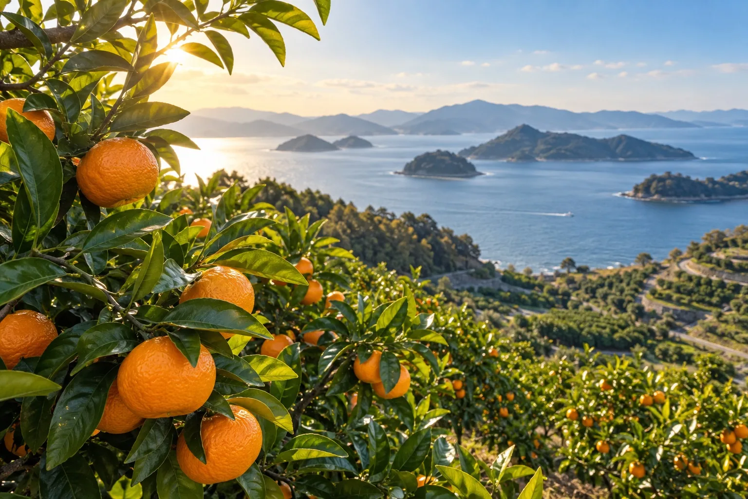 みかんが実る段々畑と、その向こうに広がる瀬戸内の島々