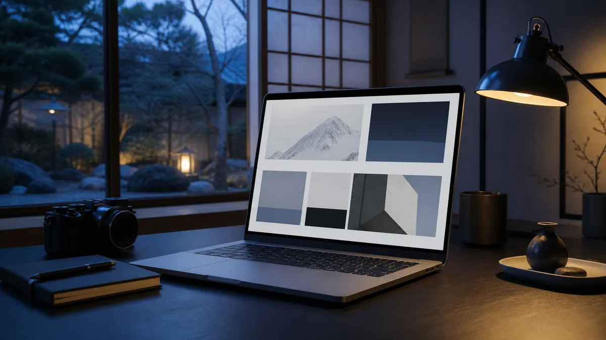 抽象的なWebレイアウトを表示したノートPCとカメラ